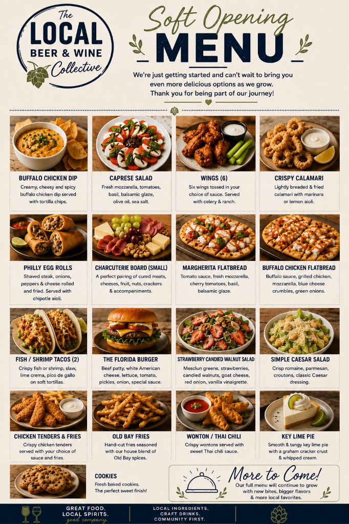The Local soft opening menu with food photos and descriptions
